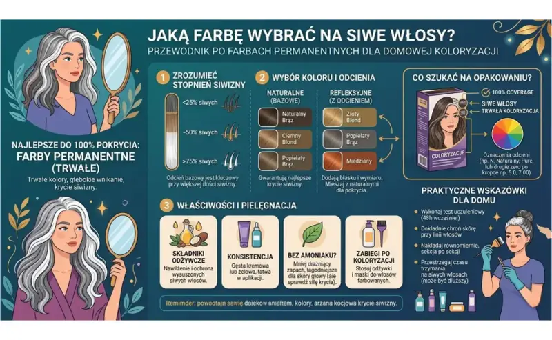 Jaka farba na siwe włosy? Przewodnik po farbach permanentnych, odcieniach i pielęgnacji dla idealnego krycia siwizny.