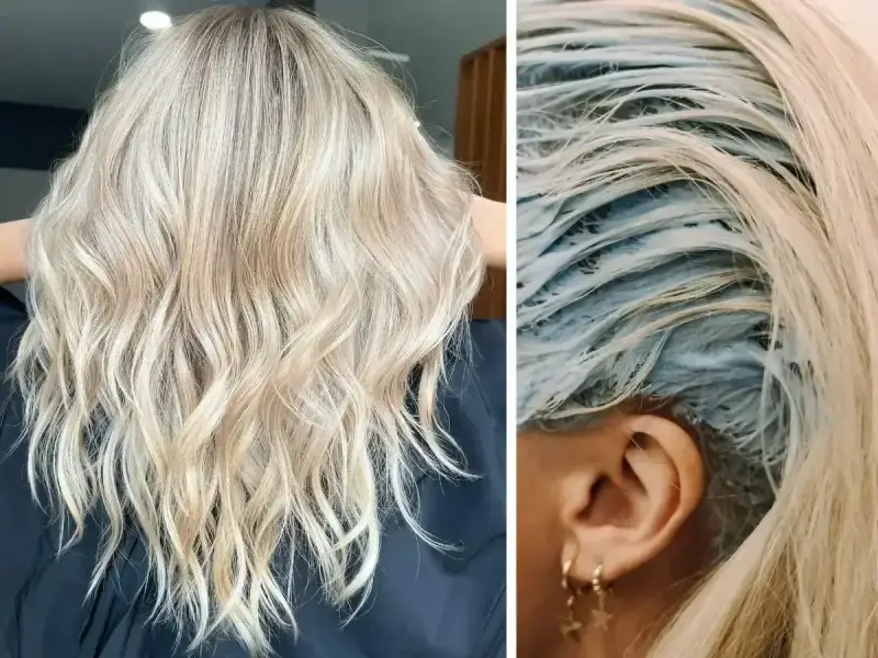 Przed i po metamorfozie: piękne, rozświetlone blond włosy po zabiegu farbowania. Widać pasma z nałożoną niebieską farbą.