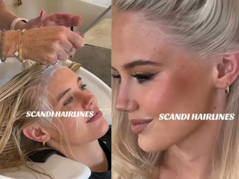 Blondynka w salonie fryzjerskim, jej włosy przy linii czoła są rozjaśniane. Efekt scandi hairline.